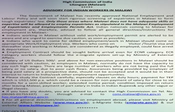 ADVISORY FOR INDIAN WORKERS IN MALAWI